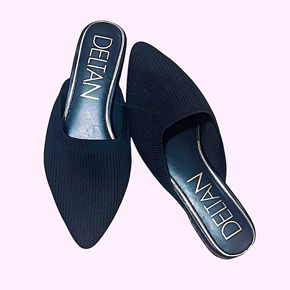 DELTAN Black Knit Pointed Toe Mules | Size 6.5M | Slip-On with Mini Block Heel